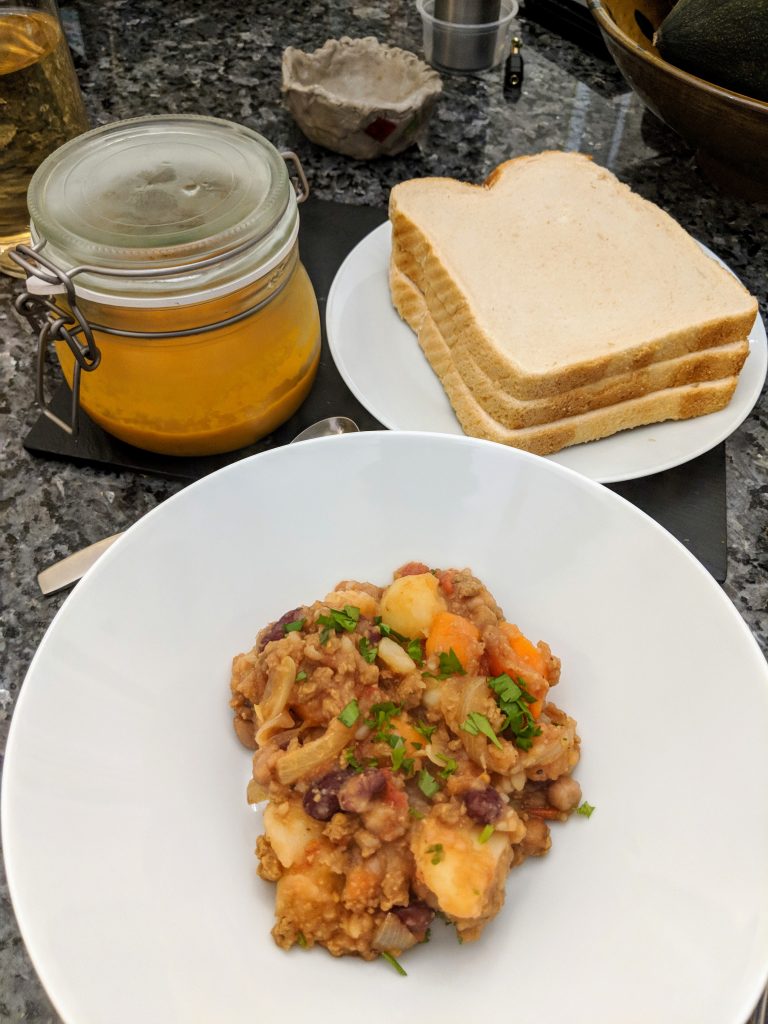 Quorn Beef Hash with Homemade Ketchup and naughty white bread for mopping up!